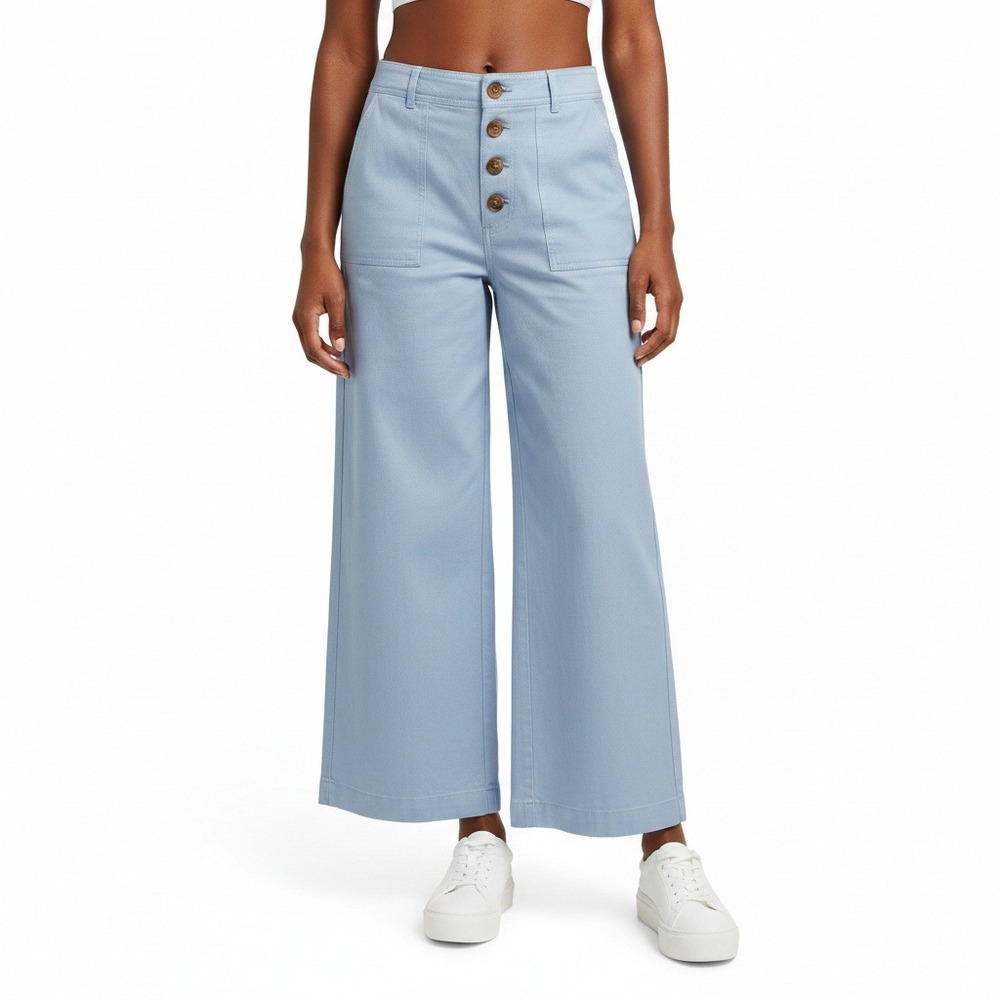 Blue Rain Wide Leg Cropped Pants Light Blue Button Fly Casual Size S